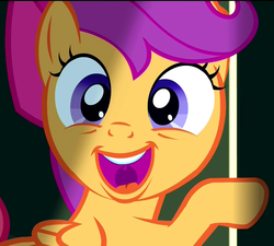 Size: 1200x1080 | Tagged: safe, screencap, scootaloo, pegasus, pony, g4, somepony to watch over me, adoracreepy, animation error, apple bloom's bow, bow, creepy, cute, cutealoo, female, filly, hair bow, happy, open mouth, raised hoof, solo
