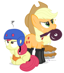 Size: 920x1040 | Tagged: safe, artist:dm29, apple bloom, applejack, g4, somepony to watch over me, apple sisters, duo, fireproof boots, helmet, knee pads, overprotective, pie, siblings, simple background, sisters, that was fast, transparent background, whip