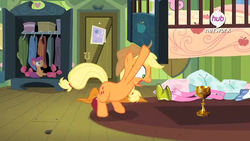Size: 879x494 | Tagged: safe, applejack, scootaloo, g4, somepony to watch over me, holy grail, hub logo, under the bed