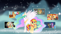 Size: 7650x4320 | Tagged: safe, artist:theshadowstone, pinkie pie, princess celestia, rainbow dash, scootaloo, spike, sunset shimmer, alicorn, pony, unicorn, g4, it's about time, lesson zero, magical mystery cure, owl's well that ends well, winter wrap up, absurd resolution, alternate universe, ascension realm, character swap, duo, element of kindness, element of magic, ethereal mane, female, magic, mare, princess celestia's special princess making dimension, scene parody, telescope