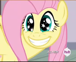 Size: 676x558 | Tagged: safe, screencap, fluttershy, pegasus, pony, filli vanilli, g4, cute, female, flutterguy, happy, hub logo, mare, smiling, solo