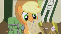 Size: 1020x574 | Tagged: safe, screencap, applejack, g4, somepony to watch over me, female, hub logo, map, mouth hold, solo