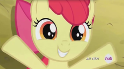 Size: 1017x570 | Tagged: safe, screencap, apple bloom, g4, somepony to watch over me, female, happy, hub logo, solo