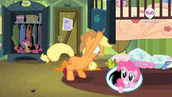 Size: 800x450 | Tagged: safe, applejack, pinkie pie, scootaloo, g4, somepony to watch over me, hub logo, portal, under the bed