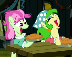 Size: 766x606 | Tagged: safe, screencap, lady beetle, spring green, pony, g4, somepony to watch over me, background pony, bandana, cajun ponies, duo, eating, female, food, mare, pie, table
