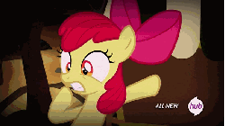 Size: 576x324 | Tagged: safe, screencap, apple bloom, g4, somepony to watch over me, animated, cart, female, hub logo, hubble, solo, the hub