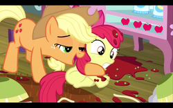 Size: 1680x1050 | Tagged: safe, screencap, apple bloom, applejack, earth pony, pony, g4, season 4, somepony to watch over me, apple bloom's bow, apple sisters, applejack's hat, bow, cowboy hat, female, filly, foal, hair bow, hat, hub logo, hug, mare, out of context, siblings, sisters, spaghetti, the hub