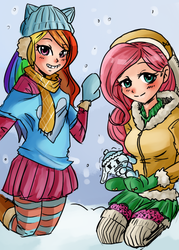 Size: 690x962 | Tagged: artist needed, safe, angel bunny, fluttershy, rainbow dash, human, g4, breasts, busty fluttershy, clothes, female, humanized, miniskirt, shivering, skirt, snow, snowfall, thigh highs, winter