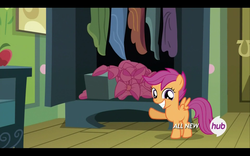 Size: 1680x1050 | Tagged: safe, screencap, scootaloo, pegasus, pony, g4, season 4, somepony to watch over me, apple bloom's bow, bow, closet, female, filly, foal, grin, hub logo, smiling, solo, the hub
