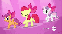 Size: 576x324 | Tagged: safe, screencap, apple bloom, scootaloo, sweetie belle, earth pony, pony, g4, somepony to watch over me, all new, animated, cute, cutie mark crusaders, dancing, female, gif, hub logo, hubble, no time for a song, text, the hub