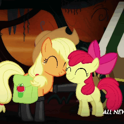 Size: 1000x1000 | Tagged: safe, screencap, apple bloom, applejack, earth pony, pony, g4, somepony to watch over me, adorabloom, animated, applebetes, bow, cute, eyes closed, female, filly, fireproof boots, hair bow, jackabetes, mare, nuzzling, saddle bag, sisters, smiling