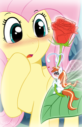 Size: 1000x1548 | Tagged: safe, artist:vavacung, fluttershy, breezie, g4, blushing, heart, rose, shipping