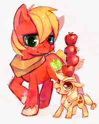 Size: 551x692 | Tagged: safe, artist:theuselesstoe, applejack, big macintosh, earth pony, pony, g4, apple, balancing, blushing, brother and sister, cute, female, filly, filly applejack, floppy ears, jackabetes, looking up, male, open mouth, siblings, size difference, smiling, stallion, younger
