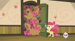 Size: 1264x700 | Tagged: safe, screencap, apple bloom, earth pony, pony, g4, somepony to watch over me, apple bloom's bow, applejack's hat, bow, closet, cowboy hat, female, filly, foal, hat, hat and bow closet, hub logo, solo