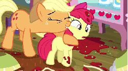 Size: 576x324 | Tagged: safe, screencap, apple bloom, applejack, earth pony, pony, g4, somepony to watch over me, animated, eyes closed, female, filly, hub logo, hubble, hug, mare, out of context, spaghetti, the hub, wide eyes, zoom