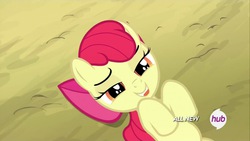 Size: 1920x1080 | Tagged: safe, screencap, apple bloom, earth pony, pony, g4, somepony to watch over me, all new, female, filly, hub logo, lidded eyes, out of context, smiling, solo