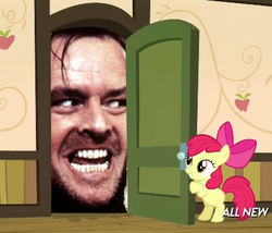 Size: 425x363 | Tagged: safe, apple bloom, earth pony, human, pony, g4, my little pony: friendship is magic, somepony to watch over me, apple closet, door, exploitable meme, here's johnny, jack torrance, meme, the shining