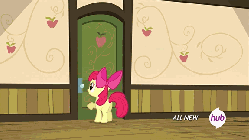 Size: 576x324 | Tagged: safe, screencap, apple bloom, earth pony, pony, g4, season 4, somepony to watch over me, animated, apple bloom's bow, applejack's hat, bow, closet, cowboy hat, door, female, filly, foal, gif, hat, hat and bow closet, hub logo, hubble, pile, solo, the hub