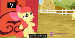 Size: 1358x691 | Tagged: safe, edit, edited screencap, screencap, apple bloom, applejack, g4, somepony to watch over me, caption, female, hub logo, meme, shipping, solo, youtube caption