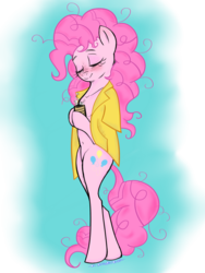 Size: 1024x1365 | Tagged: safe, artist:dragonfoxgirl, cheese sandwich, pinkie pie, pony, semi-anthro, g4, aftersex, belly button, bipedal, blushing, coffee, eyes closed, female, messy mane, morning ponies, ship:cheesepie, shipping, simple background, smiling, solo, straight, transparent background