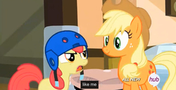 Size: 1358x696 | Tagged: safe, screencap, apple bloom, applejack, g4, somepony to watch over me, helmet, hub logo, meme, youtube caption