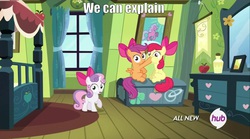 Size: 1920x1070 | Tagged: safe, screencap, apple bloom, scootaloo, sweetie belle, g4, somepony to watch over me, all new, hub logo, image macro, meme, out of context
