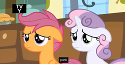 Size: 1358x696 | Tagged: safe, screencap, scootaloo, sweetie belle, g4, my little pony: friendship is magic, somepony to watch over me, floppy ears, meme, punk, youtube caption