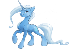 Size: 1024x685 | Tagged: safe, artist:kez, trixie, pony, unicorn, g4, female, looking at you, mare, simple background, smiling, smiling at you, smug, solo, sparkles