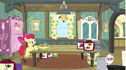 Size: 576x324 | Tagged: safe, screencap, apple bloom, g4, somepony to watch over me, animated, bowl, female, hub logo, hubble, jam, jelly, solo, spaghetti, table, the hub