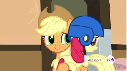 Size: 576x324 | Tagged: safe, screencap, apple bloom, applejack, earth pony, pony, g4, somepony to watch over me, adorabloom, animated, butt touch, cute, female, filly, gif, helmet, holding a pony, hoof on butt, hub logo, hubble, hug, mare, the hub