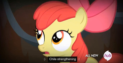 Size: 1358x696 | Tagged: safe, screencap, apple bloom, earth pony, pony, g4, my little pony: friendship is magic, somepony to watch over me, chile, female, hub logo, meme, solo, youtube caption