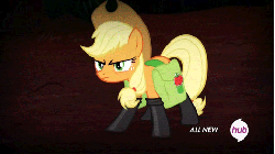 Size: 480x270 | Tagged: safe, artist:supereffectivebros, edit, edited screencap, screencap, applejack, earth pony, pony, g4, somepony to watch over me, all new, animated, chair, chairsaber, female, fireproof boots, hilarious in hindsight, hoof hold, hub logo, lightsaber, lion tamer's chair, mare, saddle bag, sith, solo, star wars, text