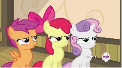 Size: 1920x1076 | Tagged: safe, screencap, apple bloom, scootaloo, sweetie belle, g4, somepony to watch over me, animated, cutie mark crusaders, female, hub logo, sweat