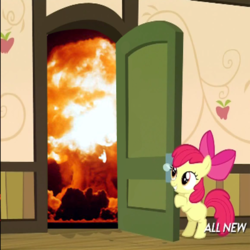 Size: 400x400 | Tagged: safe, apple bloom, g4, my little pony: friendship is magic, somepony to watch over me, apple closet, door, exploitable meme, explosion, female, meme, solo