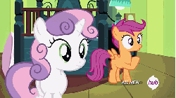 Size: 576x324 | Tagged: safe, screencap, scootaloo, sweetie belle, pegasus, pony, unicorn, g4, somepony to watch over me, animated, cute, cutealoo, female, filly, fluttering, hub logo, hubble, the hub