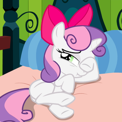 Size: 1072x1072 | Tagged: safe, screencap, sweetie belle, pony, unicorn, g4, somepony to watch over me, accessory swap, apple bloom's bow, bed, bow, butt, cute, diasweetes, female, filly, morning ponies, plot, scrunchy face, sleepy, sleepy belle, solo, sweet dreams fuel, tired, waking up