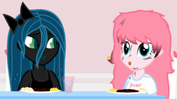 Size: 1018x573 | Tagged: safe, artist:mixermike622, queen chrysalis, oc, oc:fluffle puff, equestria girls, g4, burning, dirty, fire, food, humanized