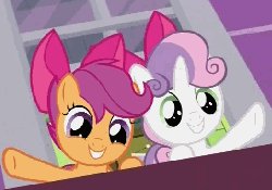 Size: 524x367 | Tagged: safe, screencap, scootaloo, sweetie belle, g4, somepony to watch over me, animated, cute, cutealoo, diasweetes, female, hub logo, hubble, the hub, waving