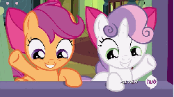Size: 576x324 | Tagged: safe, screencap, scootaloo, sweetie belle, pony, g4, somepony to watch over me, animated, cute, cutealoo, diasweetes, female, hub logo, hubble, the hub, waving