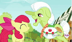 Size: 1800x1076 | Tagged: safe, screencap, apple bloom, granny smith, g4, somepony to watch over me, animated, female, hub logo