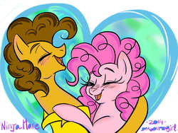 Size: 1024x768 | Tagged: safe, artist:dragonfoxgirl, cheese sandwich, pinkie pie, blushing, cheesepie, female, happy, heart, hug, laughing, male, shipping, straight