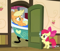 Size: 425x363 | Tagged: safe, apple bloom, applejack, g4, my little pony: friendship is magic, somepony to watch over me, apple closet, bath, bathroom, bathtub, claw foot bathtub, door, exploitable meme, hat, meme, water