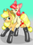 Size: 954x1280 | Tagged: safe, artist:wonton soup, apple bloom, applejack, g4, somepony to watch over me, apple bloom riding applejack, fireproof boots, pixiv, ponies riding ponies, riding