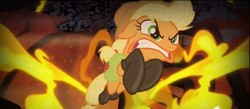 Size: 1901x828 | Tagged: safe, screencap, applejack, g4, season 4, somepony to watch over me, angry, badass, boots, fangs, fire, fireproof boots, floppy ears, gritted teeth, jumping, sharp teeth