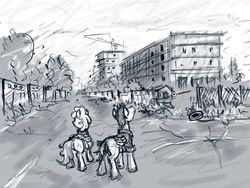 Size: 1024x768 | Tagged: safe, artist:agm, earth pony, pegasus, pony, abandoned, building, butt, monochrome, plot, sketch, tire