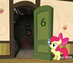 Size: 425x363 | Tagged: safe, apple bloom, earth pony, pony, g4, somepony to watch over me, apple closet, door, female, filly, foal, meme, movie sign, mystery science theater 3000, solo