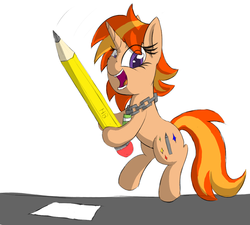 Size: 995x895 | Tagged: safe, artist:magical disaster, oc, oc only, oc:colora paint, pony, bipedal, female, happy, pencil, solo, standing, sword