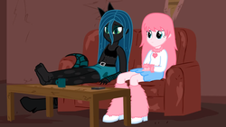 Size: 1366x768 | Tagged: safe, artist:mixermike622, queen chrysalis, oc, oc:fluffle puff, equestria girls, g4, barefoot, couch, dirty, equestria girls-ified, feet, feet on table, humanized, shoes off, shoes removed, socks removed, soles, table, youtube link
