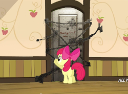 Size: 625x461 | Tagged: safe, apple bloom, g4, my little pony: friendship is magic, somepony to watch over me, apple closet, chains, door, exploitable meme, female, konami, meme, silent hill, solo