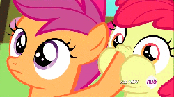 Size: 640x360 | Tagged: safe, screencap, apple bloom, scootaloo, g4, somepony to watch over me, animated, eyeroll, female, hoof in mouth, spinning eyes